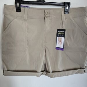 Eddie Bauer Rolled Hem Bermuda Shorts Womens 14 Tan UPF 50 Adjustabl Length NWT